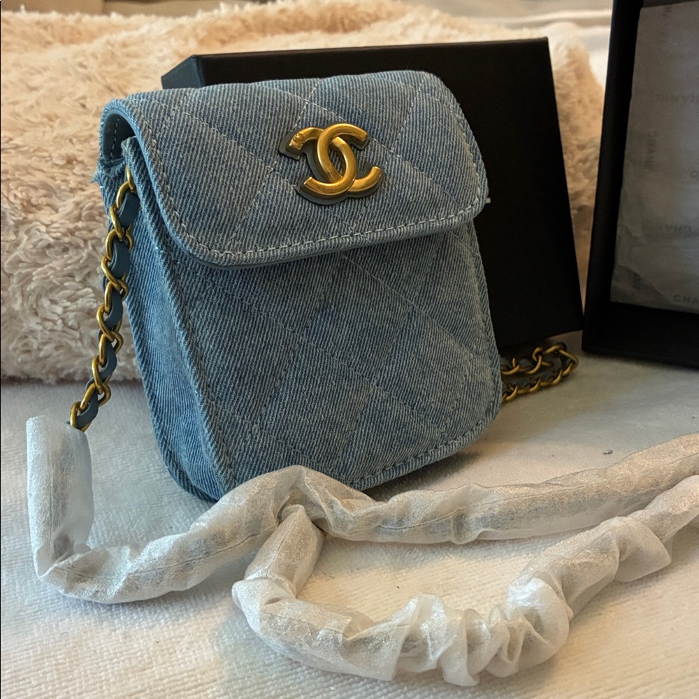 CHANEL Denim Mini Crossbody Bag with Gold CC Logo